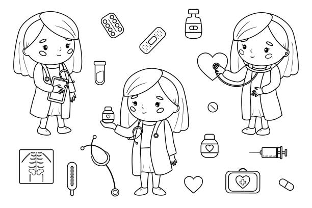 ilustraciones, imágenes clip art, dibujos animados e iconos de stock de página para colorear para niños. - naughty nurse