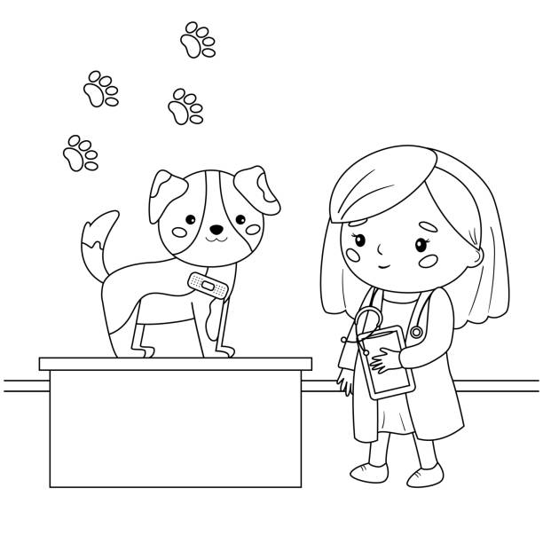 패치 붕대를 가진 만화 가와이 수의사와 개. - coloring dog pets puppy stock illustrations