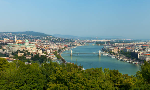 голубая река дунай с круизными судами, будапештским�и мостами, зданием парламента, достопримечательностями - chain bridge budapest bridge lion стоковые фото и изображения
