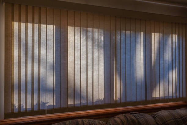 istock Abstract design texture of tree shadows upon a wide window with vertical blinds 1217915131