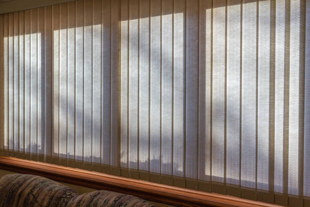 Abstract design texture of tree shadows upon a wide window with vertical blinds
