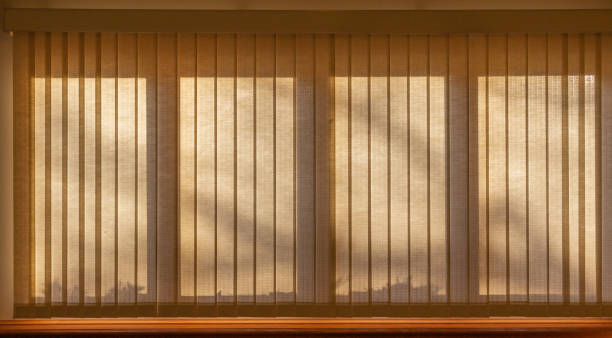 istock Abstract design texture of tree shadows upon a wide window with vertical blinds 1217915159