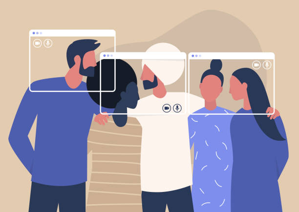 Group video call, virtual window frames, a diverse group of young characters gathering together online Group video call, virtual window frames, a diverse group of young characters gathering together online teamwork illustrations stock illustrations
