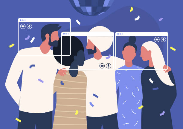 Online party, social distancing concept, a diverse group of young people gathering together using the video call technologies Online party, social distancing concept, a diverse group of young people gathering together using the video call technologies togetherness covid stock illustrations