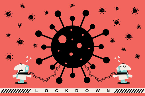 Business Characters Vector Art Illustration.
Coronavirus lockdown and state of emergency, people are locked by new coronavirus monster (bacterium, virus).