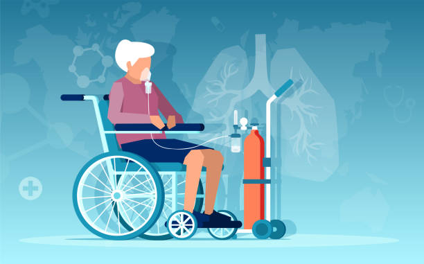 Vector of a senior woman sitting in wheelchair having respiratory difficulties on oxygen therapy Vector of a senior woman sitting in wheelchair having respiratory difficulties on oxygen therapy medical oxygen equipment stock illustrations