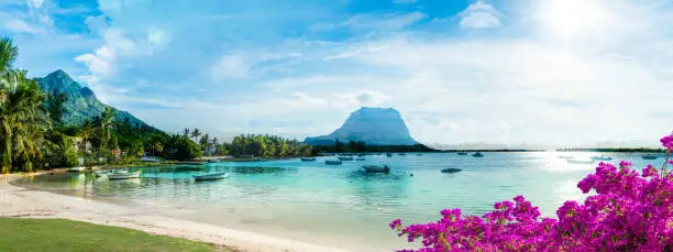 Mauritius landscape with la Gaulette fisherman village and Le Morne Brabant mountain, Africa