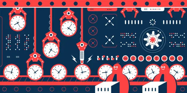 Vector illustration of Time Management concept, group of engineers (businessman) work in a factory with production line that shows a row of clocks