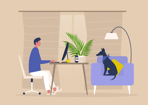 ilustrações de stock, clip art, desenhos animados e ícones de young male character working from home, self isolation, workspace in the living room - home office