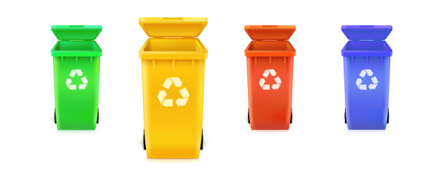 istock Realistic multi colored trash cans isolated on white background. Waste bins with icons of ecological processing of products. 1217932393