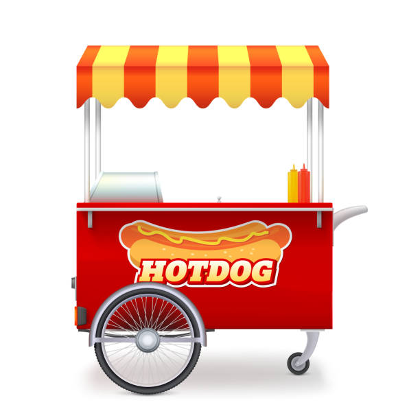 Realistic red hot dog cart with striped canopy. Kiosk seller of fast food with illustration of hot dog and bottles of mustard and ketchup. Street business, food market. Realistic red hot dog cart with striped canopy. Kiosk seller of fast food with illustration of hot dog and bottles of mustard and ketchup. Street business, food market. Vector 3d illustration hot dog stand stock illustrations