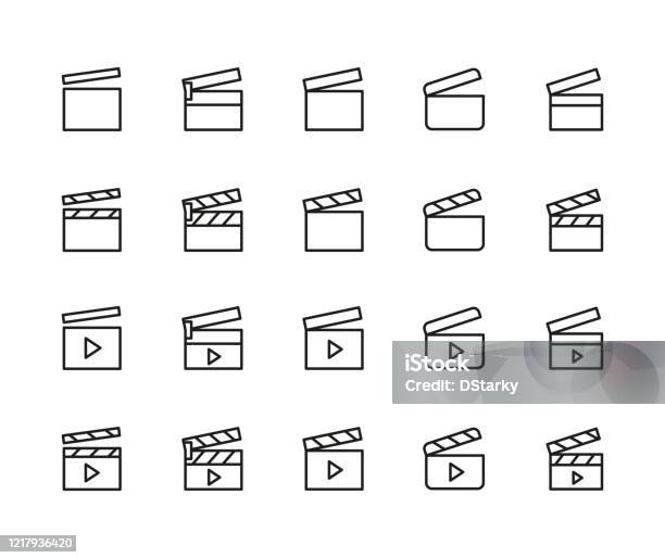 Stroke Line Icons Set Of Clapper Board Stock Illustration - Download Image Now - Film Slate, Clapping, Motion