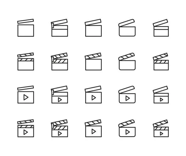 Vector illustration of Stroke line icons set of clapper board.