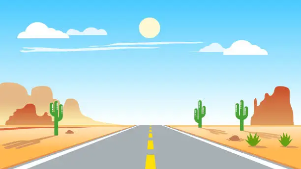 Vector illustration of Tarmac Asphalt Highway Road Through Desert Or Arid Area Vector Illustration