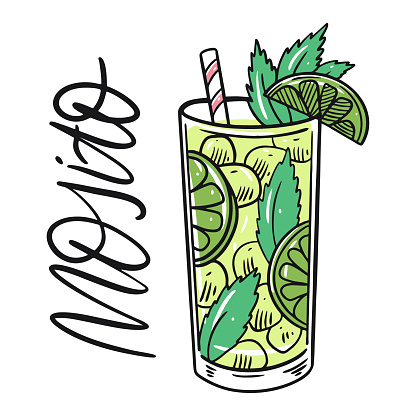 Classic Mojito alcohol cocktail. Flat Style. Colorful cartoon vector illustration. Isolated on white background. Design for menu, bar, cafe, poster and t-shirt.