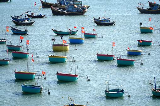 Erquy, France, July 7, 2022 - Fishing boats in the port of Erquy