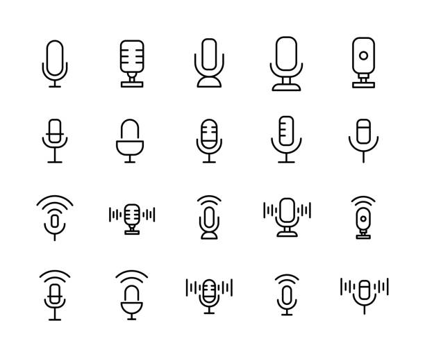 ilustraciones, imágenes clip art, dibujos animados e iconos de stock de conjunto de iconos de línea de trazo del micrófono. s - microphone