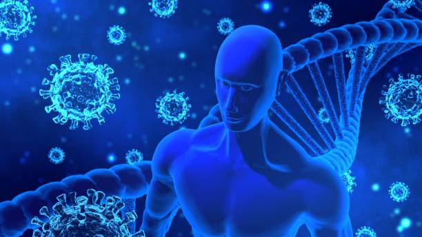 istock 3D Rendering Virus/COVID-19, Human/AI body and DNA Helix Models Moving in Abstract Blue Background Still Image 1217940312