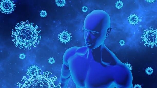 istock 3D Rendering Virus/COVID-19 and Human/AI body Model Moving in Abstract Blue Background Still Image 1217940313