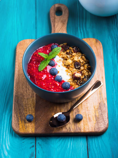 istock Yogurt smoothie bowl with blended raspberries 1217943339