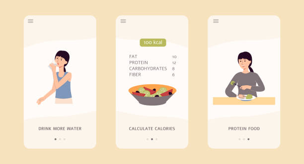 Food and diet app interface set for hydration, calorie count and protein intake Food and diet app interface set for hydration, calorie count and protein intake control. Cartoon woman eating, drinking and counting calories - flat isolated vector illustration. calorie intake stock illustrations