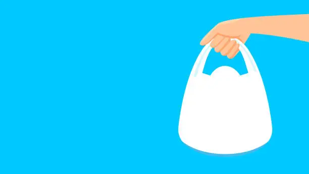 Vector illustration of bag plastic and hand holding isolated on blue background, clip art plastic bag handle, copy space text for banner, hand holds bag plastic white, clear plastic bags packaging, illustration bag flat lay