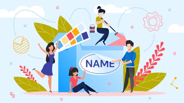 Brand Name Creation Team Workflow Process Metaphor Brand Name Creation. Team Workflow Process. Woman Designer Working on Design. Man Marketer Changing Product Logotype. Rebranding. Awareness and Recognition Increase. Metaphor Vector Illustration branding identity business merchandise stock illustrations