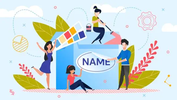 Vector illustration of Brand Name Creation Team Workflow Process Metaphor