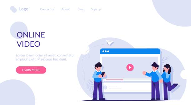 люди просматривая и делятся видео в интернете и социальных сетях. видеохостинг в браузере. прямая трансляция или блоги. современная иллюст� - youtube ipad video internet stock illustrations