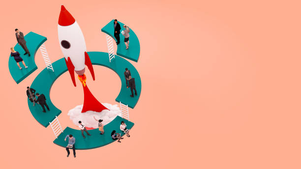 istock 3d rendering  isometric illustration start up concept design, Abstract urban modern style.Team working on spaceship launch start up and big word. Creative idea rocket and object colour collection. 1217947128