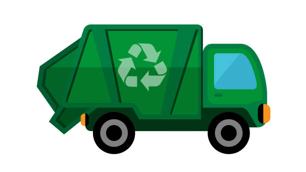 ilustraciones, imágenes clip art, dibujos animados e iconos de stock de camión de basura aislado en fondo blanco, clip art de la gestión de residuos de camiones de reciclaje, icono de camión de basura simple, ilustración camión de basura verde para símbolo infográfico plano - camion de basura