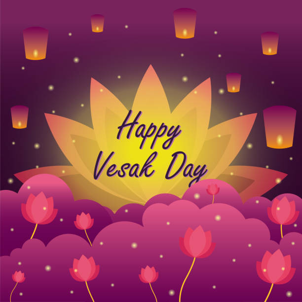 維薩克日佛教創始人的誕生、啟蒙和死亡的日子。紫色和黃色蓮花。 - happy vesak day 幅插畫檔、美工圖案、卡通及圖標