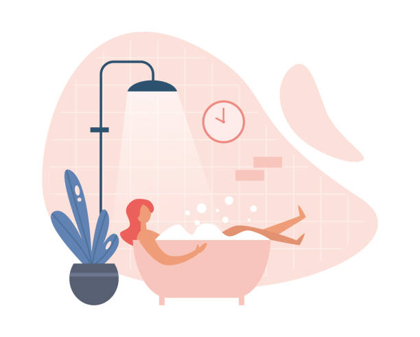 Modern woman taking hot bath at home Illustration of contemporary female lying in foamy bathtub under shower with warm water during hygiene routine in bathroom at home. Everyday hygienic procedure. Flat cartoon vector illustration woman hot shower stock illustrations