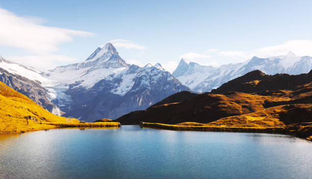Bachalpsee lake in Swiss Alps mountains Panorama of Bachalpsee lake in Swiss Alps mountains on sunset. Snowy peaks of Wetterhorn, Mittelhorn and Rosenhorn on background. Grindelwald valley, Switzerland. Landscape photography jungfrau stock pictures, royalty-free photos & images