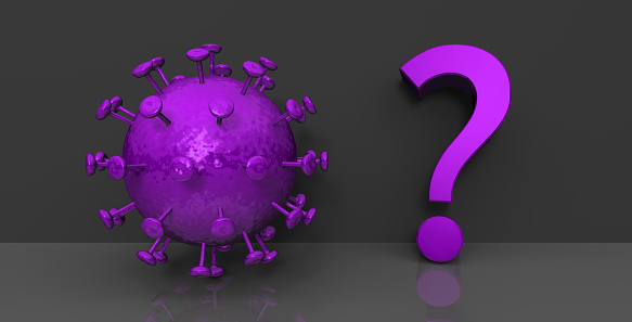 Covid-19 Coronavirus question mark 3d purple sign symbol interrogation point graphic 3d rendering