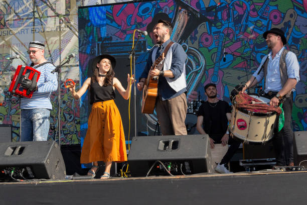 Performers on the stage of Kleizmer Music Festival Kiev, Ukraine - May 19, 2019: Performers on the stage of Kleizmer Music Festival on Kontraktov Square klezmer stock pictures, royalty-free photos & images