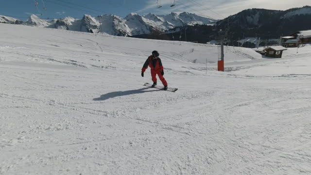Snowboarder Makes 180 Degree Turn on Ski Slope