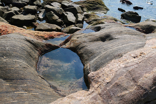 Stock photo of Arabian Sea coastal features. Low tide exposing rock pools of Palolem Beach, Goa, India.