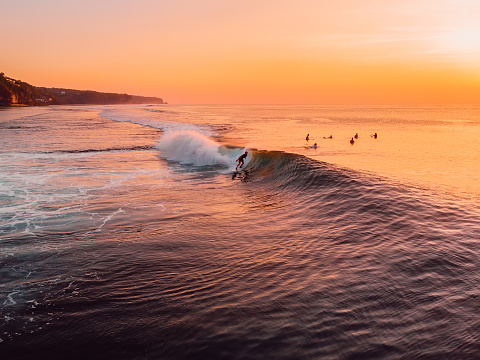 Aerial view of surfers and wave in ocean at warm sunset.
