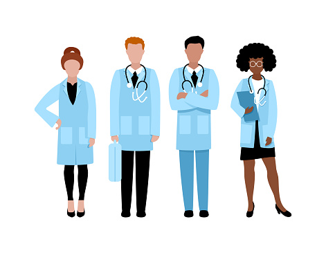 Group of doctors. Men and women in medical coats. People in hospital. Flat vector illustration.