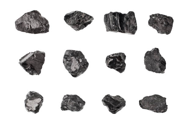 istock Black coal stones set on white background isolated close up, natural charcoal pieces collection, anthracite rock texture, raw coal mine nuggets, group of embers, graphite samples, mineral fossil fuel 1217954508