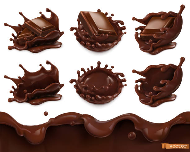 illustrations, cliparts, dessins animés et icônes de morceau de chocolat et éclaboussures de chocolat. modèle sans couture. 3d vectoriel réaliste objets alimentaires ensemble - chocolat