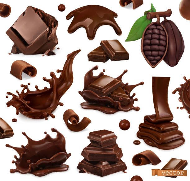 ilustrações de stock, clip art, desenhos animados e ícones de chocolate set. splashes, pieces and chocolate shavings, cocoa bean. 3d realistic vector objects. food illustration - chocolate chocolate candy dark chocolate pouring