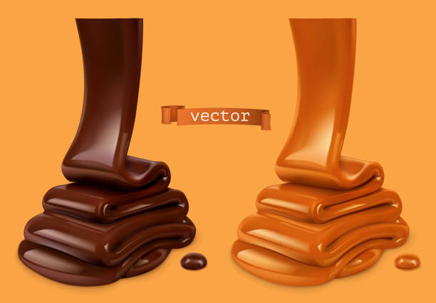 ilustrações, clipart, desenhos animados e ícones de chocolate derretido e molho de caramelo 3d objetos vetoriais realistas. ilustração de alimentos - caramel sauces sweet sauce pouring