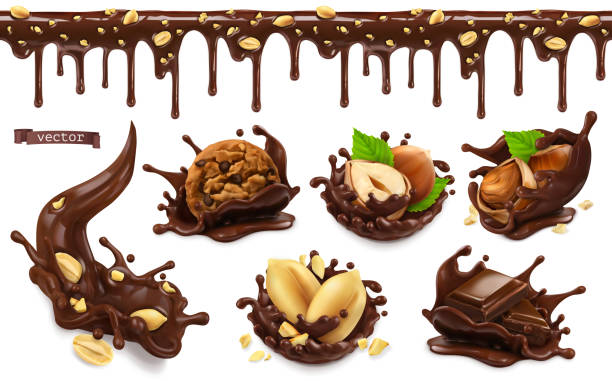 illustrations, cliparts, dessins animés et icônes de éclaboussures de chocolat aux arachides, noisettes, biscuits au chocolat. modèle sans couture. 3d vectoriel réaliste objets alimentaires ensemble - chocolat