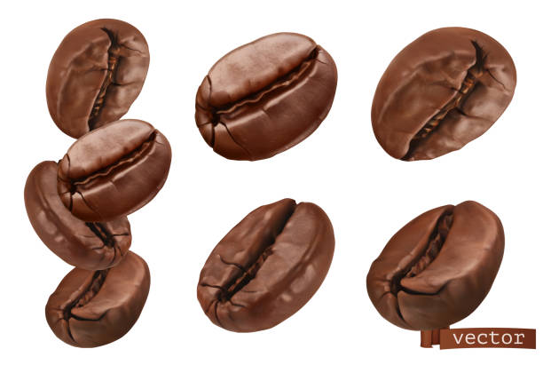 ilustraciones, imágenes clip art, dibujos animados e iconos de stock de granos de café. conjunto vectorial realista 3d - coffee beans
