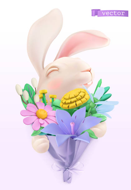 istock Easter bunny with a bouquet of wildflowers. 3d vector plasticine art object 1217956152