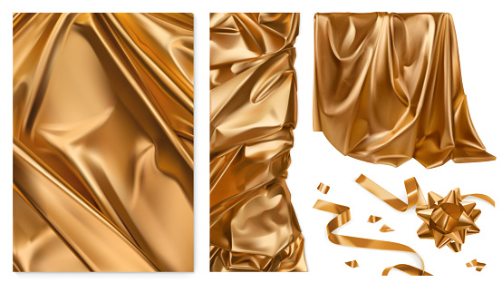 Golden cloth. Curtain, drapery, ribbon, bow. 3d realistic vector set