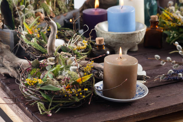 istock Easter still life with candles and easter decoration. Easter holiday concept. Close-up. 1217956232