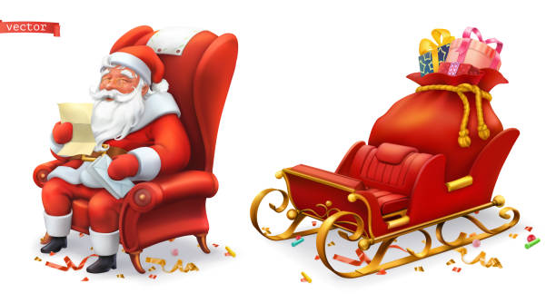 święty mikołaj i sanie z prezentami. ikony wektorowe 3d - sack santa claus christmas vector stock illustrations